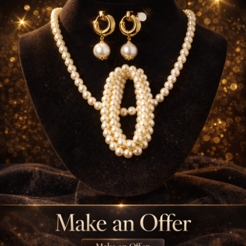 Vintage Jewels By Park Lane Faux Pearl Necklace Bracelet & Hoop Earring Set NEW